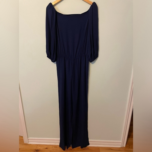 Theory Off Shoulder 100% Silk Navy Jumpsuit Small - Picture 6 of 13